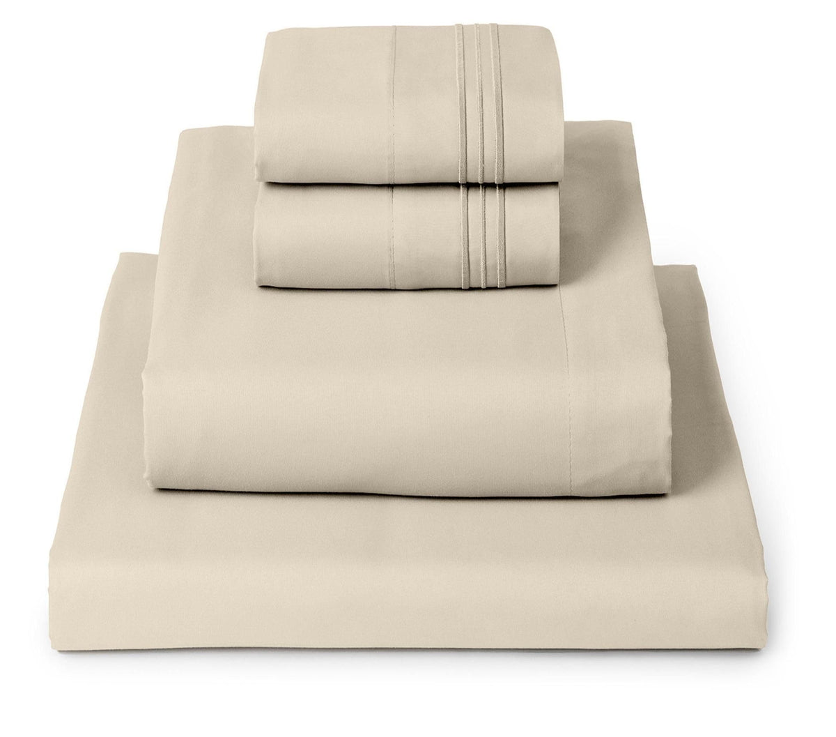 Mellanni sheet set front packaging showing beige color and complete 4-piece set benefit