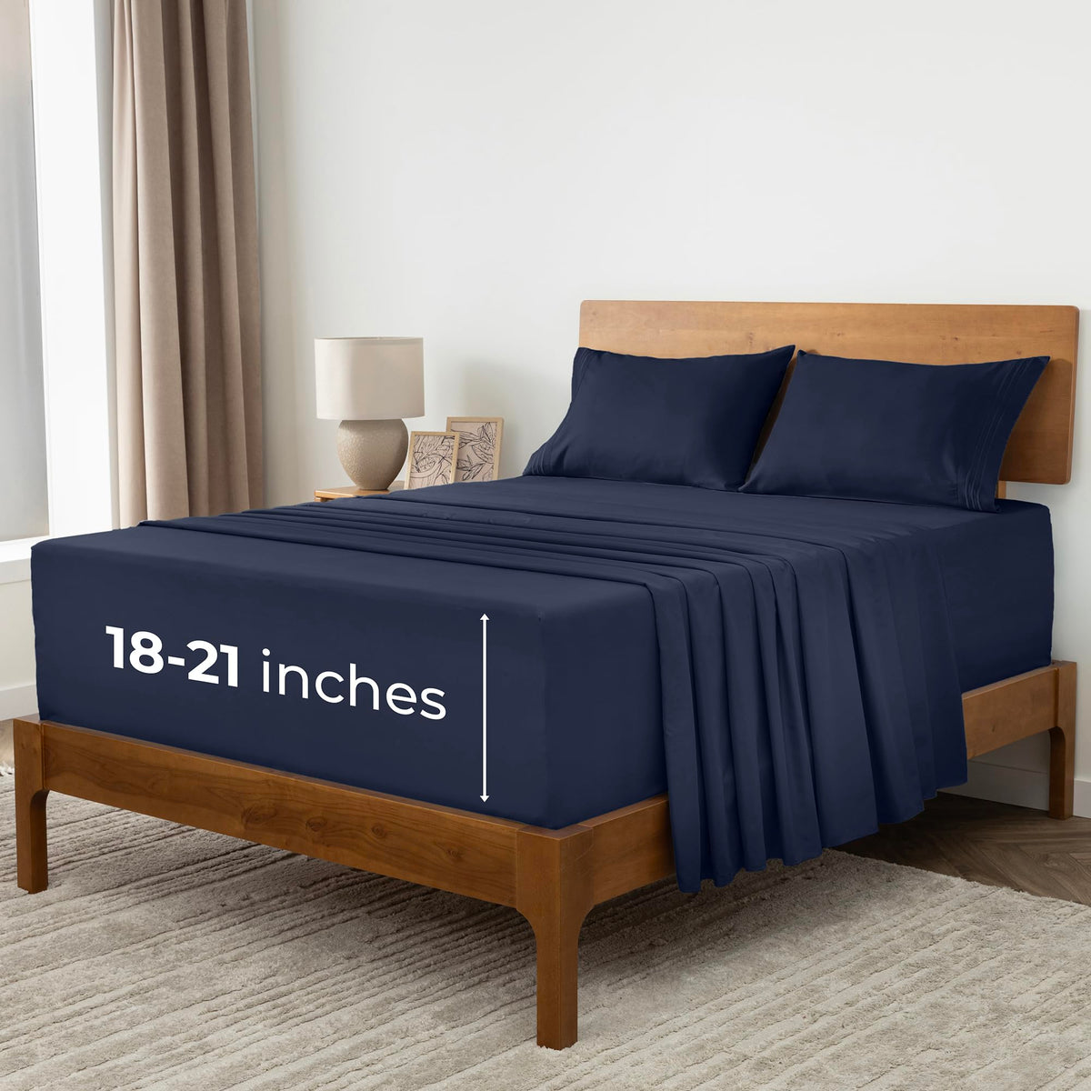 Mellanni king sheet set front view showing navy blue color and neat fit