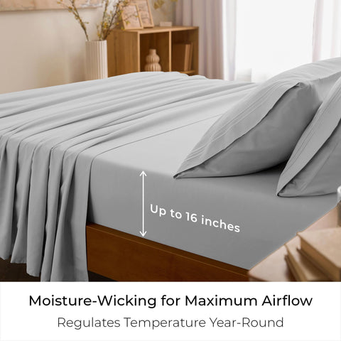 Mellanni two pillowcases dressed on a bed showing smooth look and easy care benefit