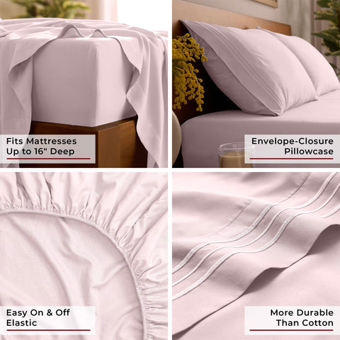 Mellanni neatly folded pillowcase and flat sheet indicating easy storage and care