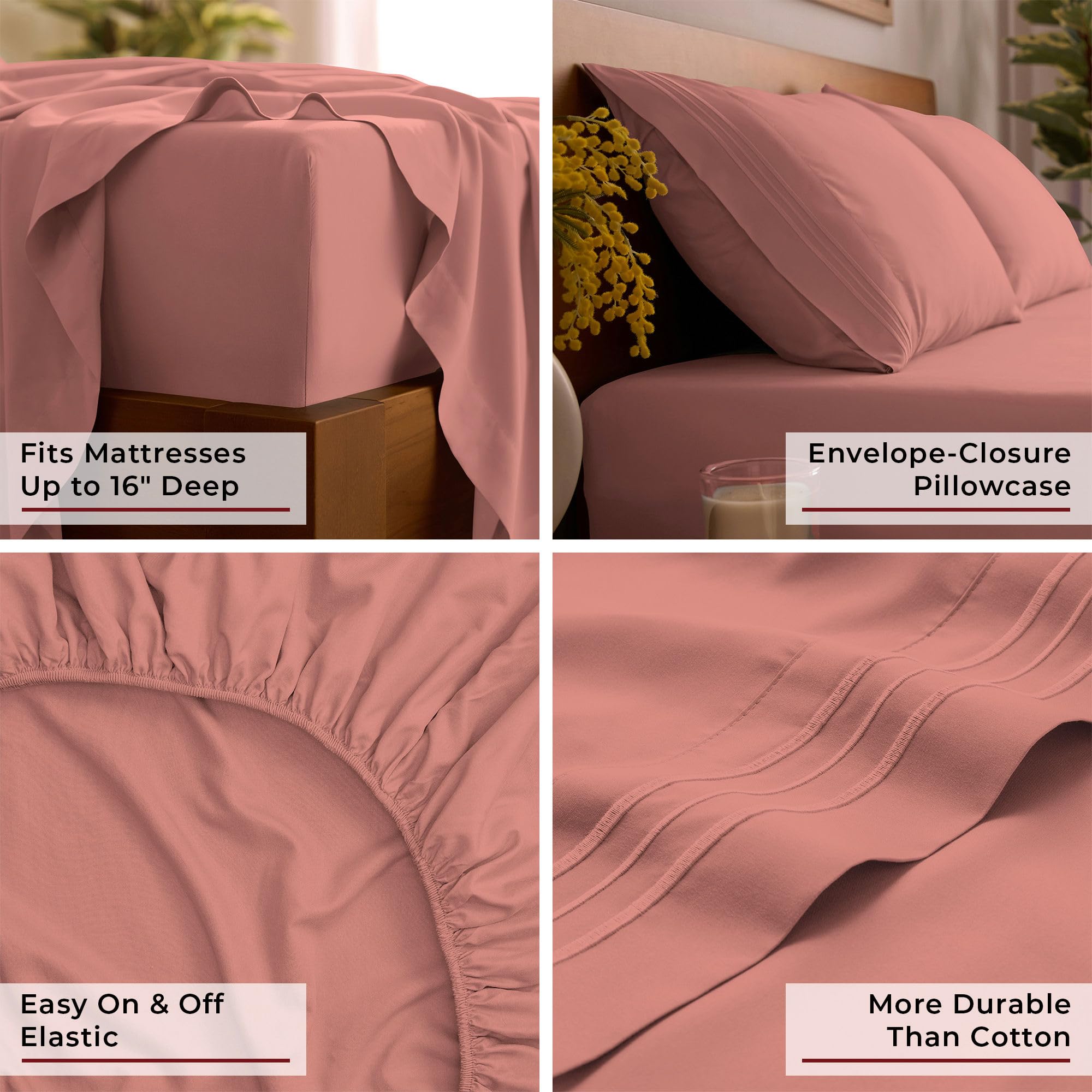 Mellanni two pillowcases on bed highlighting neat finish and lasting color