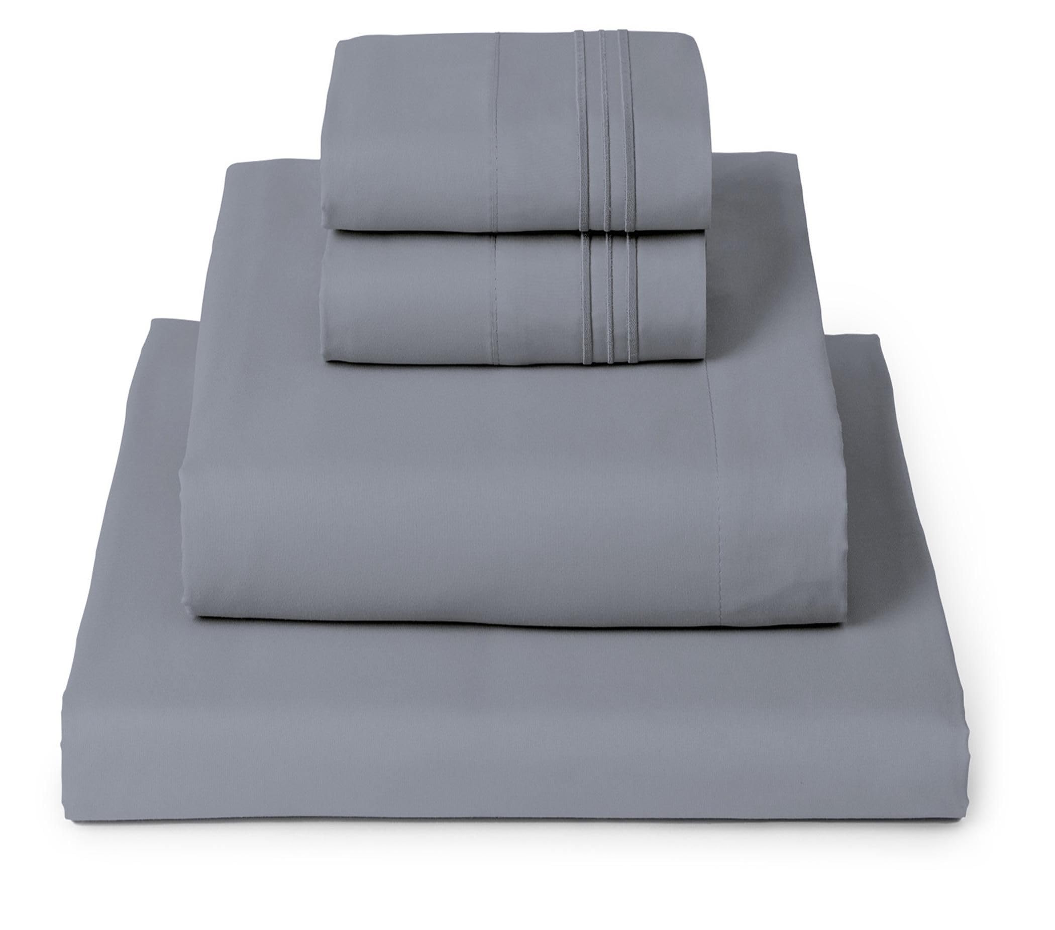 Mellanni front view of mineral gray sheet set showing neat folded packaging and calm bedroom styling