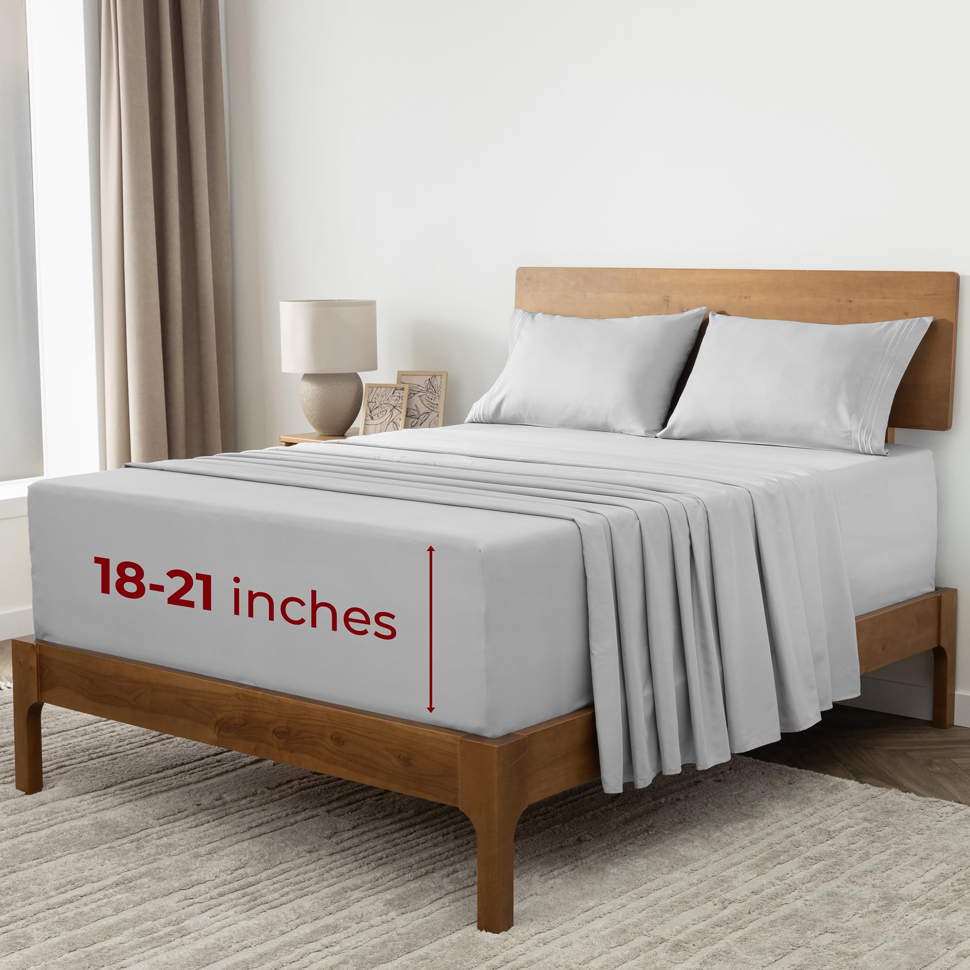 Mellanni front packaging showing light gray queen sheet set and benefits