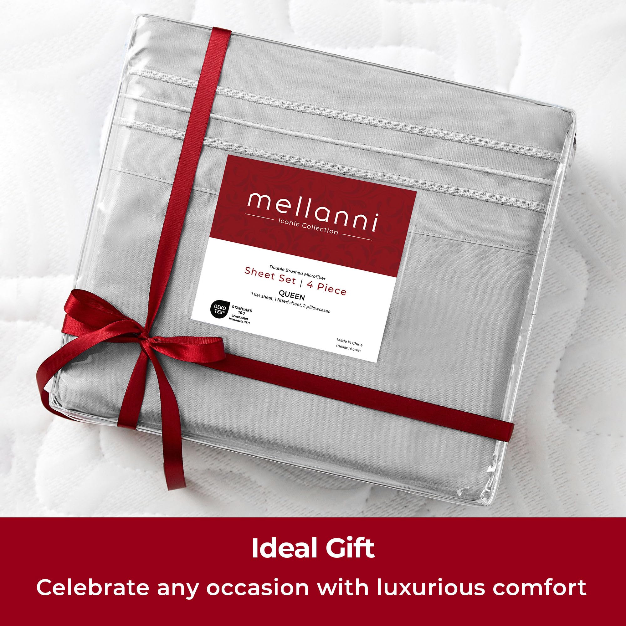 Mellanni sheet set beside ruler and mattress edge, showing size and depth fit