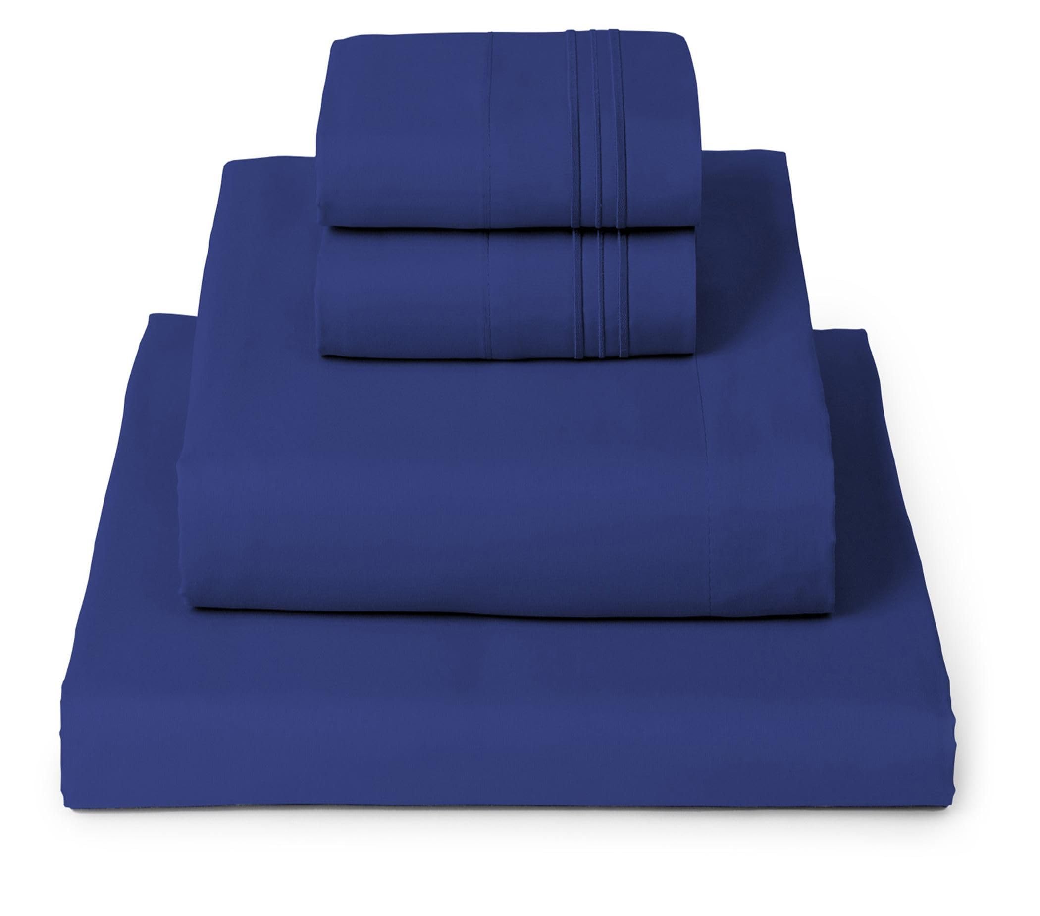 Mellanni front packaging showing queen royal blue set and clear benefits