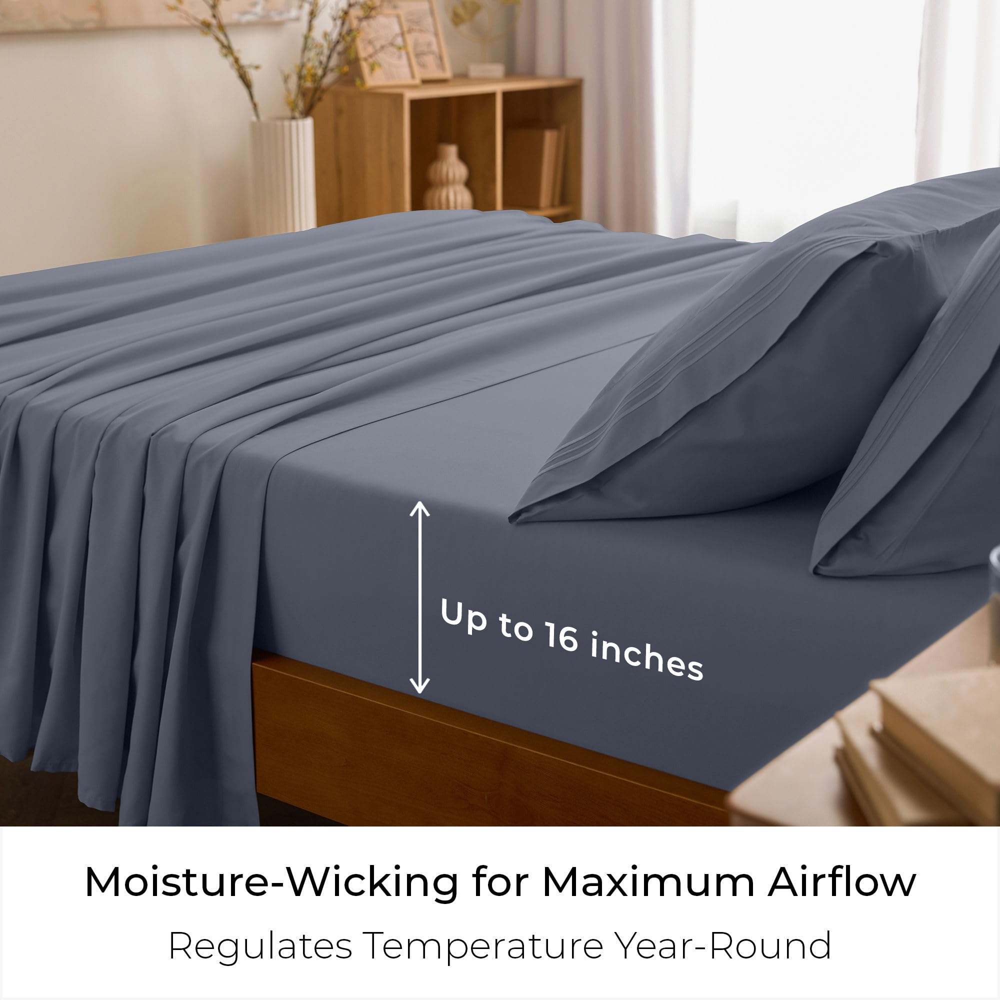 Mellanni mineral gray sheets styled on a made bed conveying hotel-like comfort and easy care