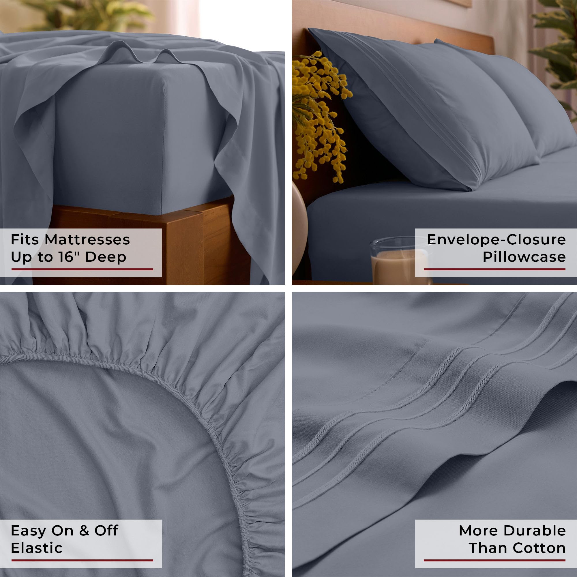 Mellanni sheets beside ruler and pillows demonstrating queen dimensions and deep-pocket fit