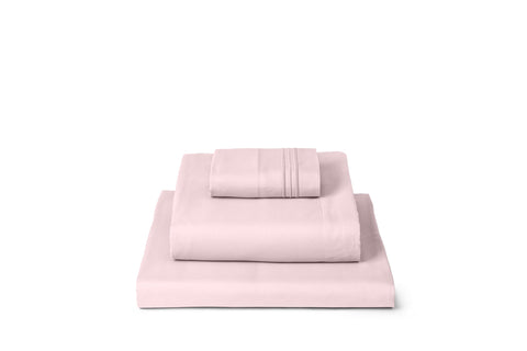 Mellanni front view of blush pink twin sheet set showing packaging and color benefit