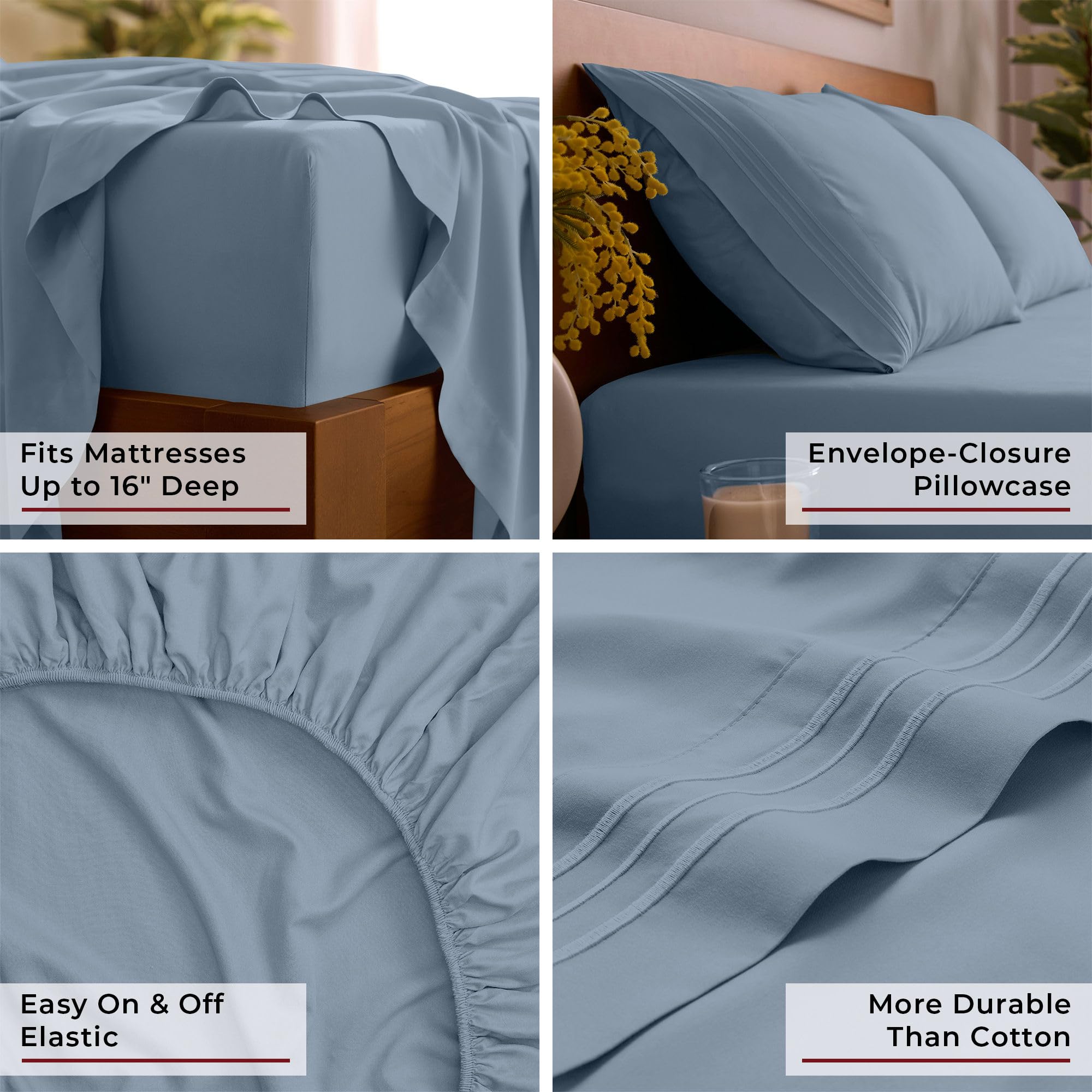 Mellanni stacked pillowcases in Blue Hydrangea showing smooth finish and easy care