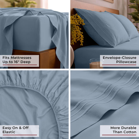 Mellanni stacked pillowcases in Blue Hydrangea showing smooth finish and easy care