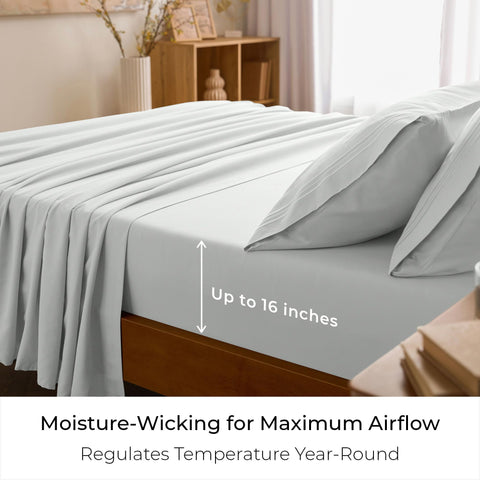 Mellanni sheet set on a full mattress in a bedroom scene, shows styling and drape