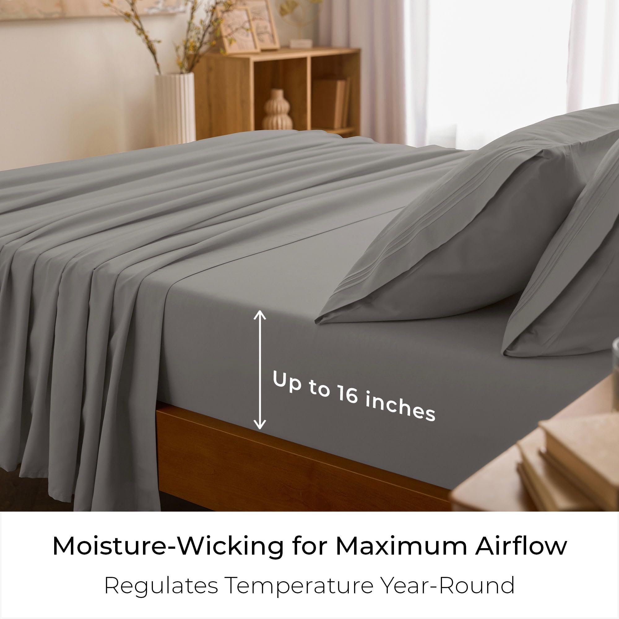 Mellanni sheets on king bed lifestyle scene showing breathable cozy bedroom
