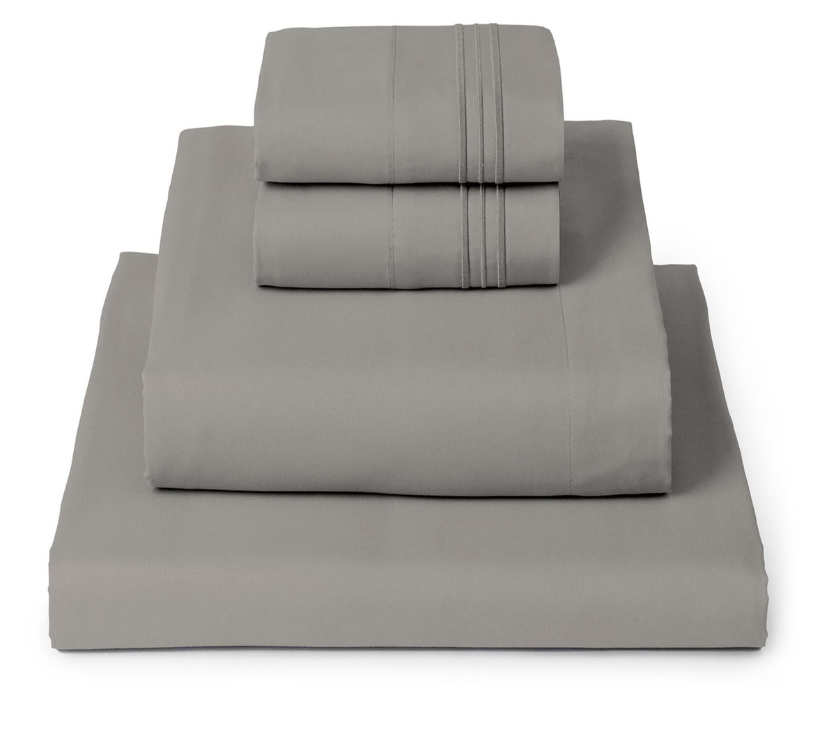 Mellanni taupe sheet set front packaging showing set and sizes, clear contents