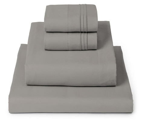 Mellanni taupe sheet set front packaging showing set and sizes, clear contents