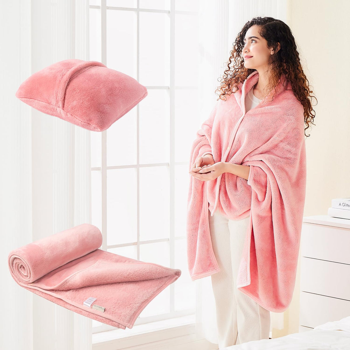 Mellowdy front view of blossom pink wearable shawl showing full coverage and comfort