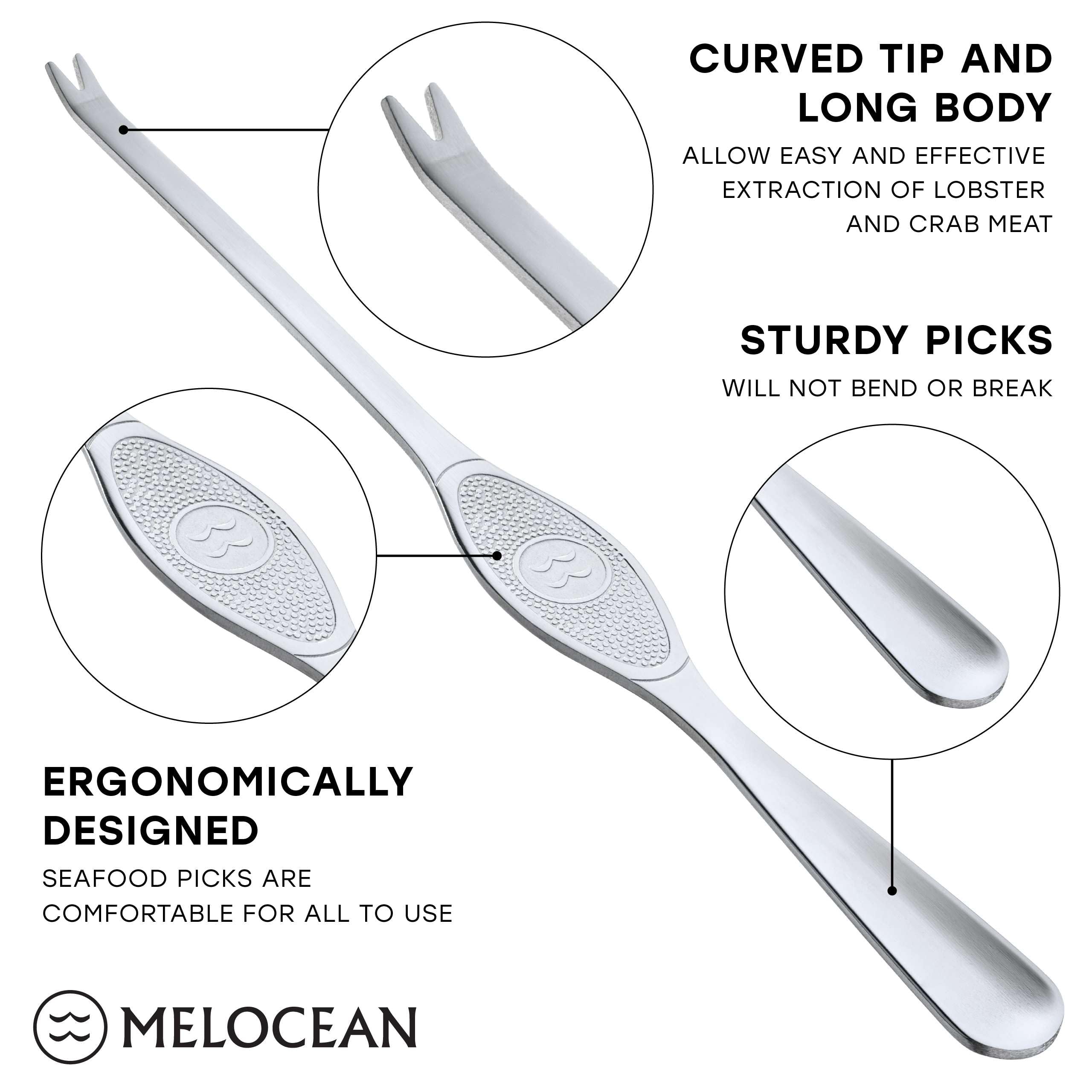 Melocean stainless picks detail showing precise meat extraction advantage