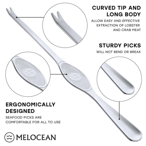 Melocean stainless picks detail showing precise meat extraction advantage