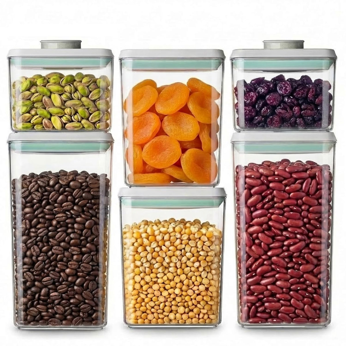 Melovom front view of six pop airtight containers shows organized pantry benefit