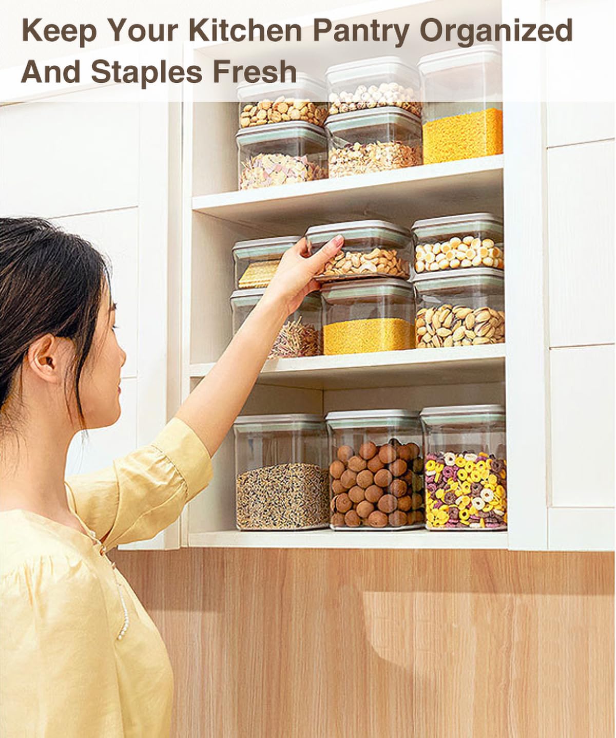 Melovom stacked containers in pantry demonstrating space-saving vertical storage benefit