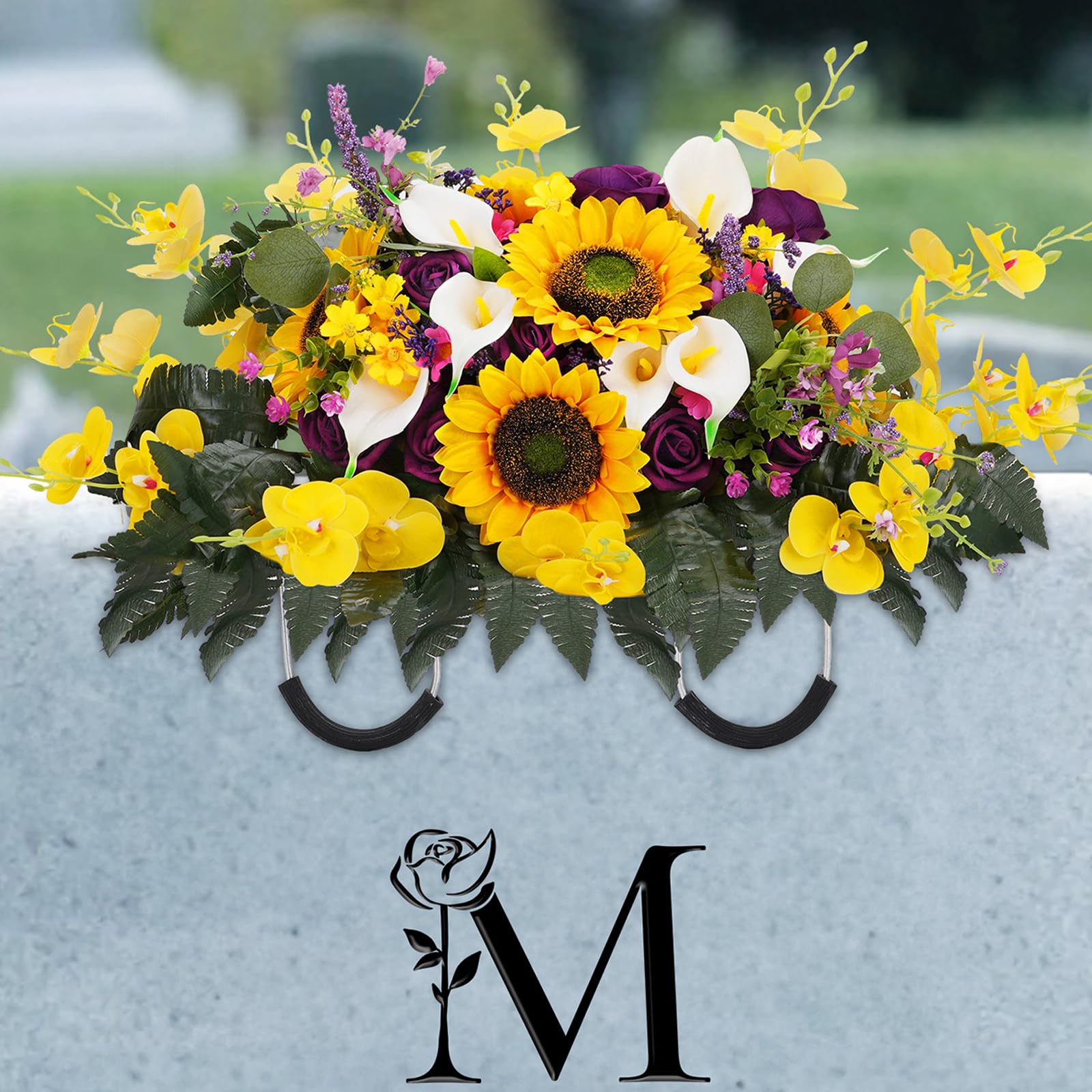 Memobloom front view of headstone saddle showing full arrangement and respectful appearance