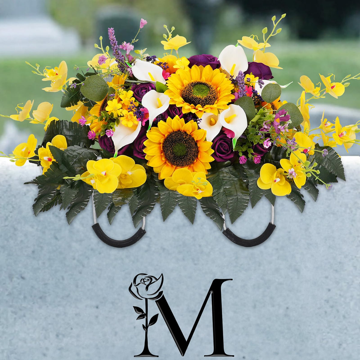 Memobloom front view of headstone saddle showing full arrangement and respectful appearance