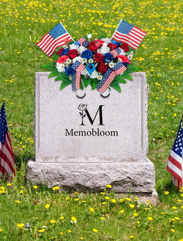 Memobloom lifestyle image of arrangement in a cemetery honoring veterans and simplifying long-term care