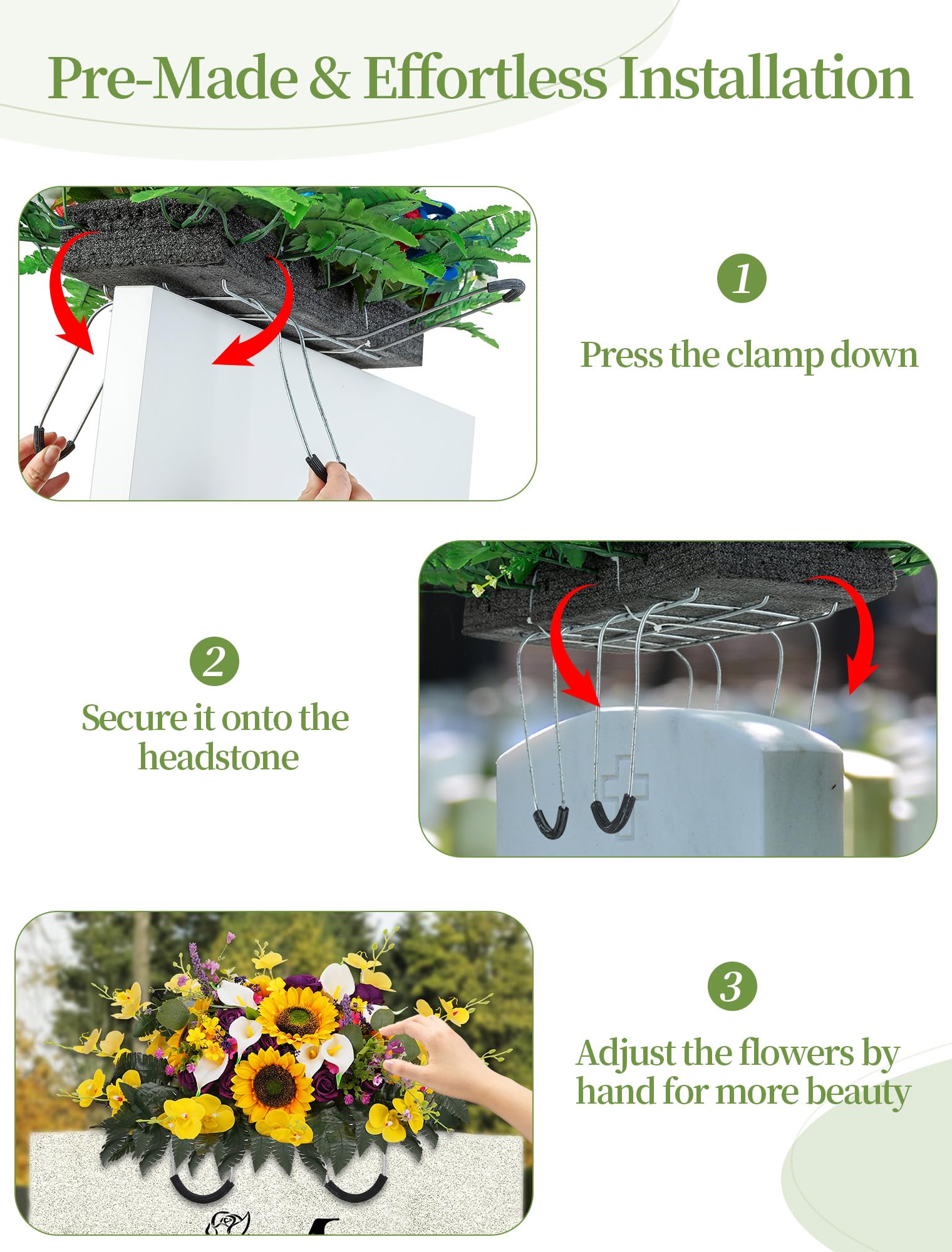 Memobloom installed on gravestone to show scale and secure fit for most headstones