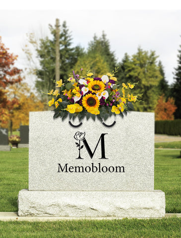 Memobloom lifestyle photo at gravesite conveying peaceful memorial and low maintenance