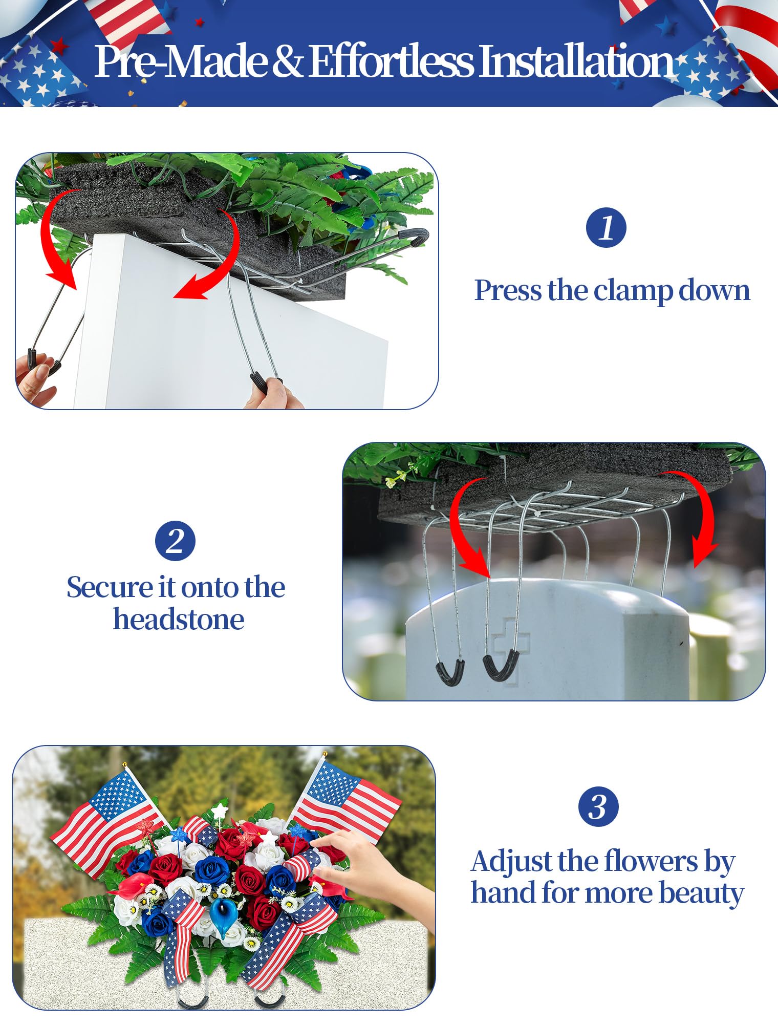Memobloom profile of saddle placed on a headstone showing correct scale and neat grave presentation