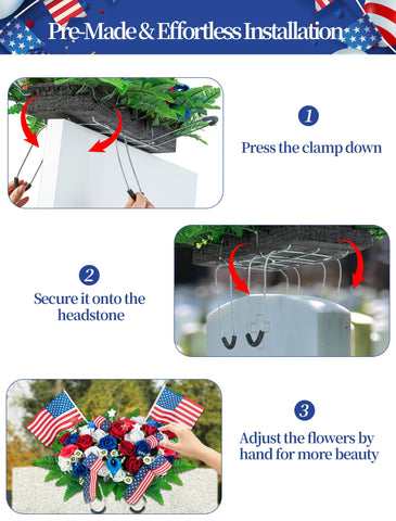 Memobloom profile of saddle placed on a headstone showing correct scale and neat grave presentation