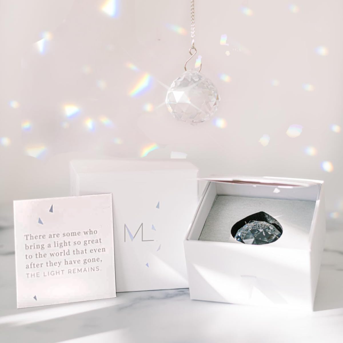 Memorialight front packaging showing gift box and crystal — Memorialight offers a lasting sympathy keepsake