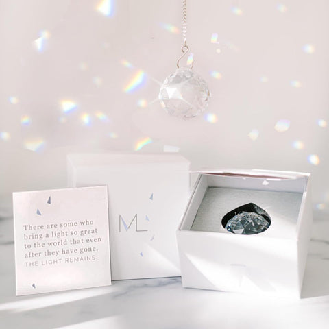 Memorialight front packaging showing gift box and crystal — Memorialight offers a lasting sympathy keepsake