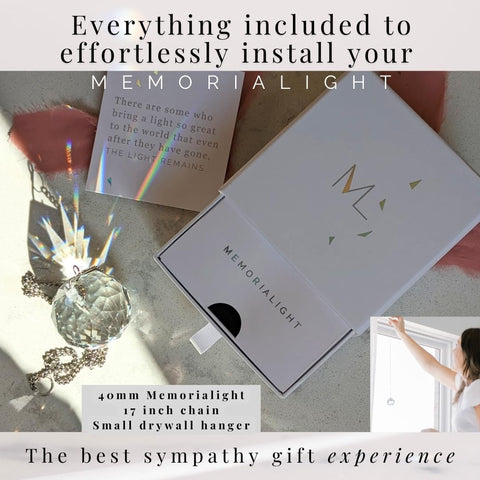 Memorialight mounted in a sunny window producing prisms — Memorialight brings comforting daily rainbows