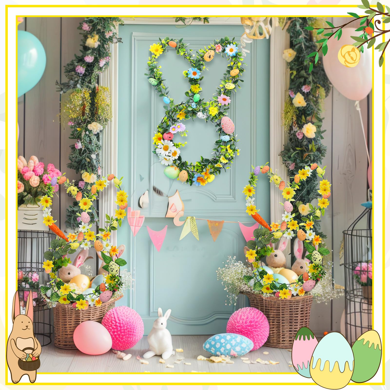 Memorywuu rabbit wreath hung on porch showing weather-ready display benefit