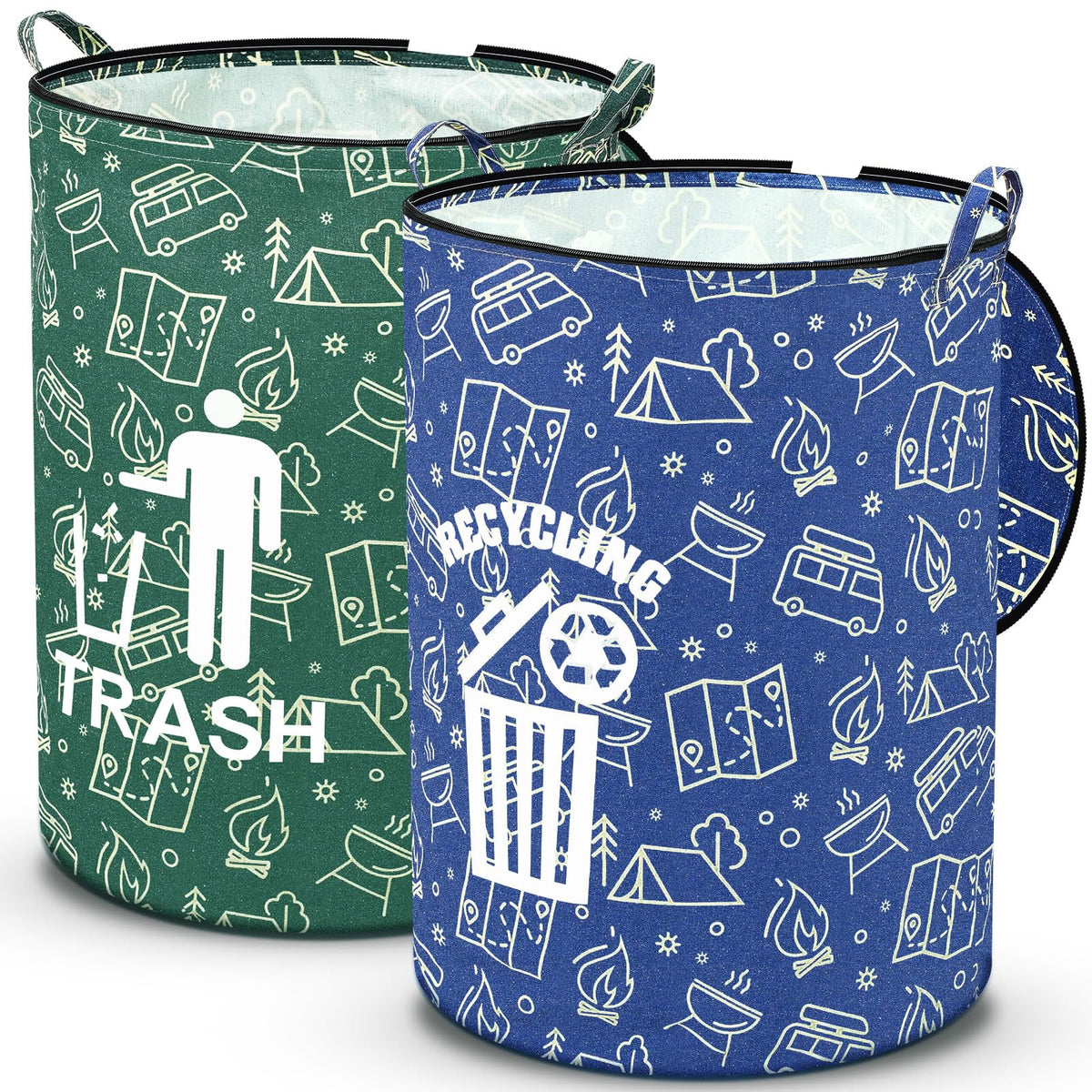 Memorywuu front view showing two colorful collapsible trash cans for organized storage