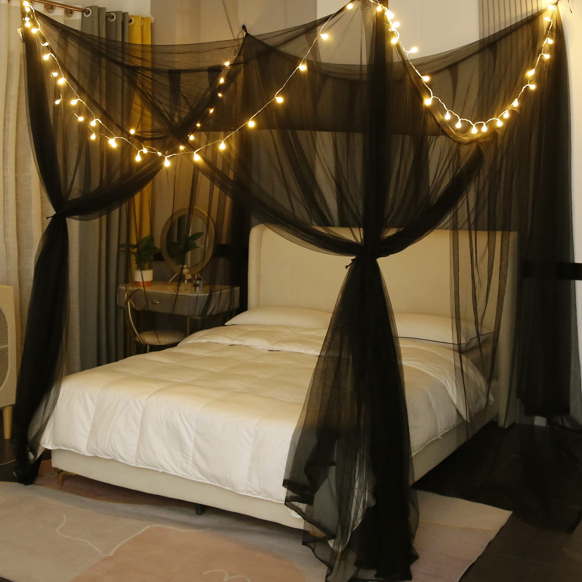 Mengersi front view of black canopy showing elegant full bed coverage and privacy benefit
