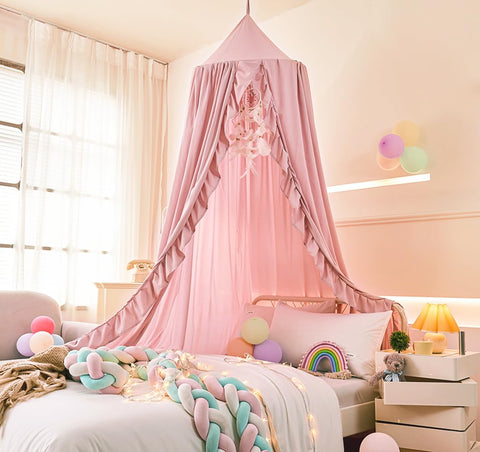 Mengersi front view canopy showing full beige-pink dome and elegant ruffles for dreamy ambience