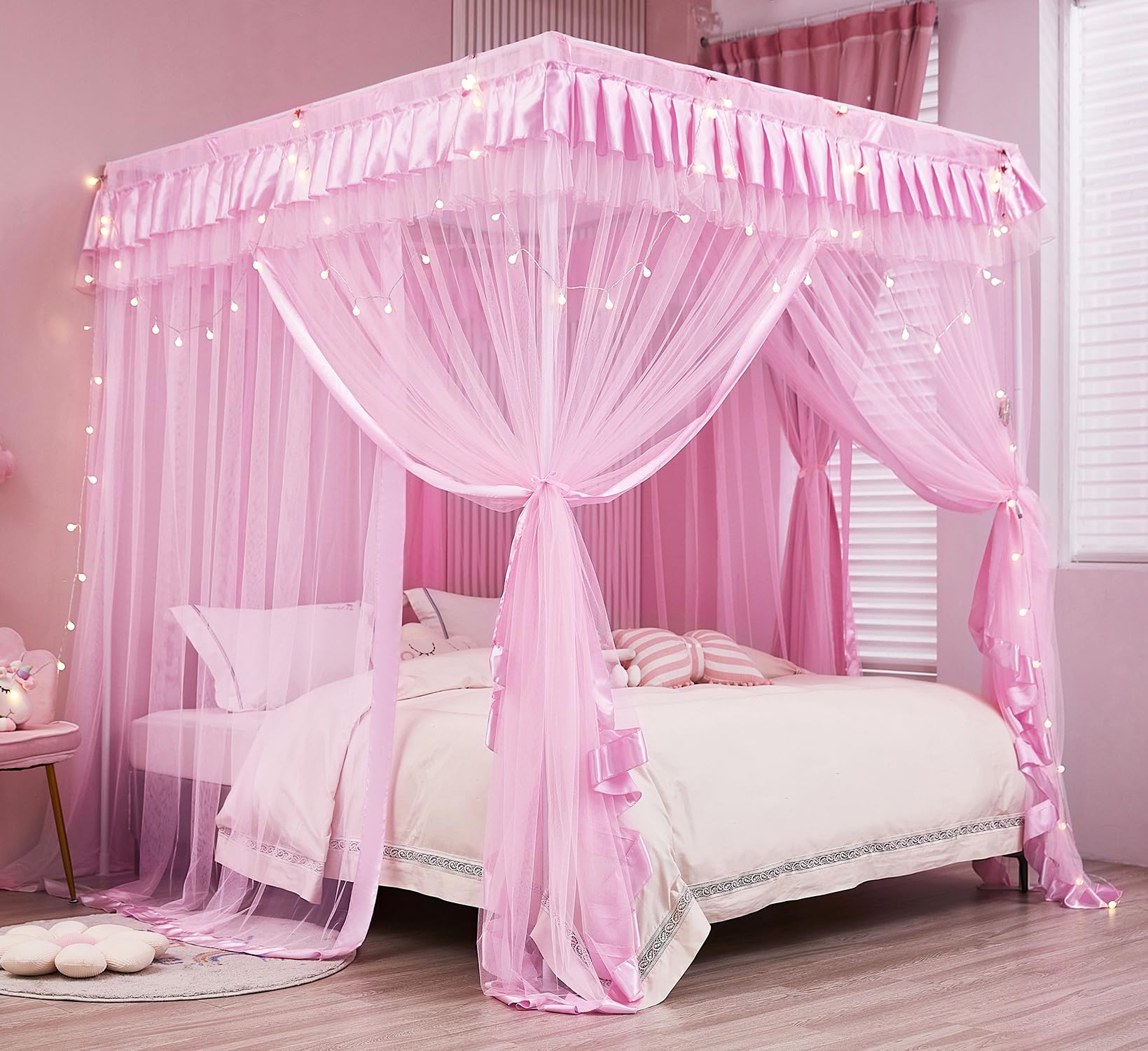 Mengersi front view showing pink canopy on twin bed for magical room upgrade