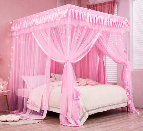 Mengersi front view showing pink canopy on twin bed for magical room upgrade