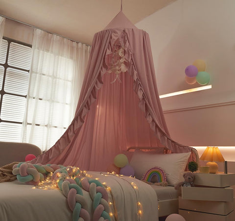 Mengersi styled bedroom lifestyle shot showing canopy adding chic, princess-themed decor