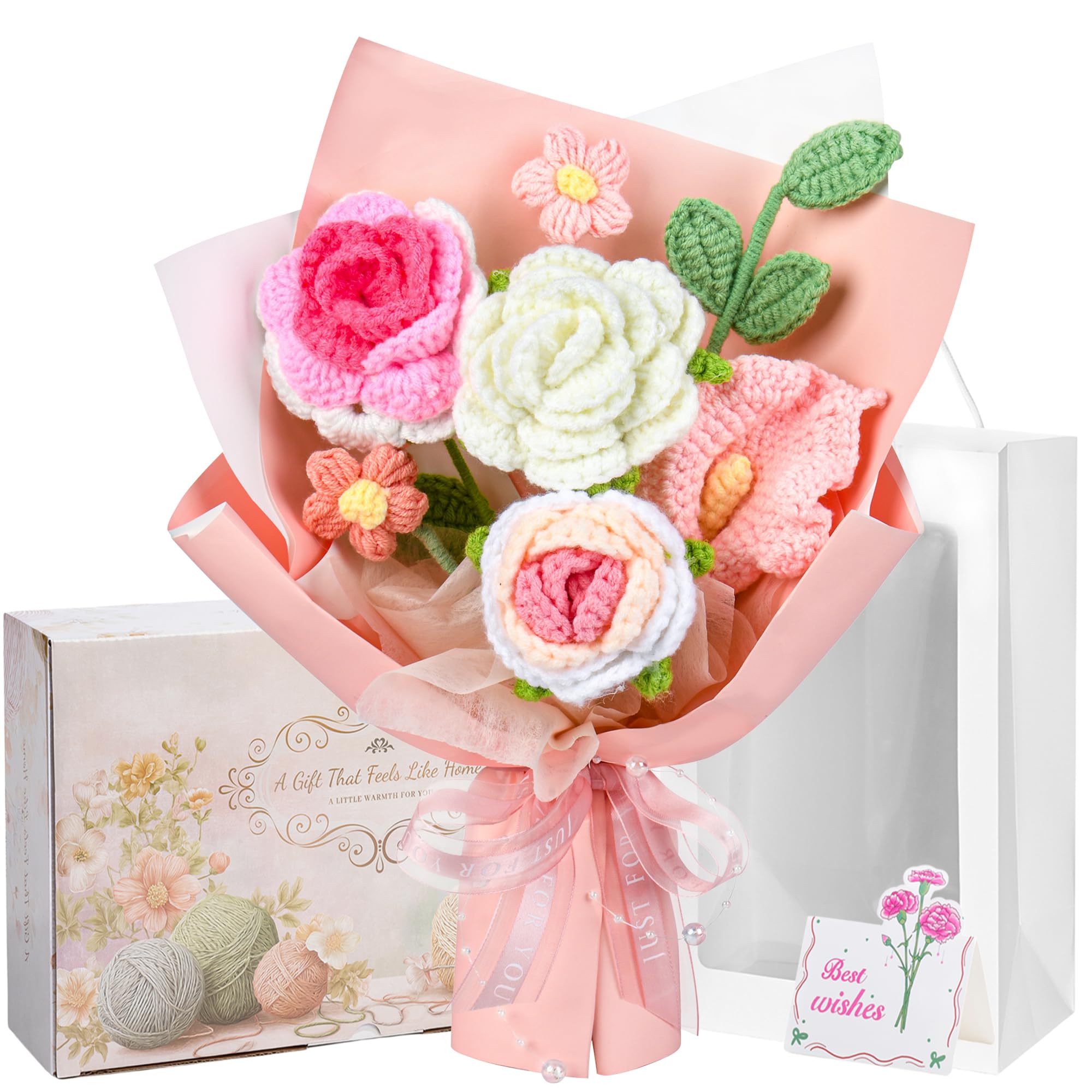 MengxFly front view of bouquet in pink box showing ready-to-gift presentation and charm