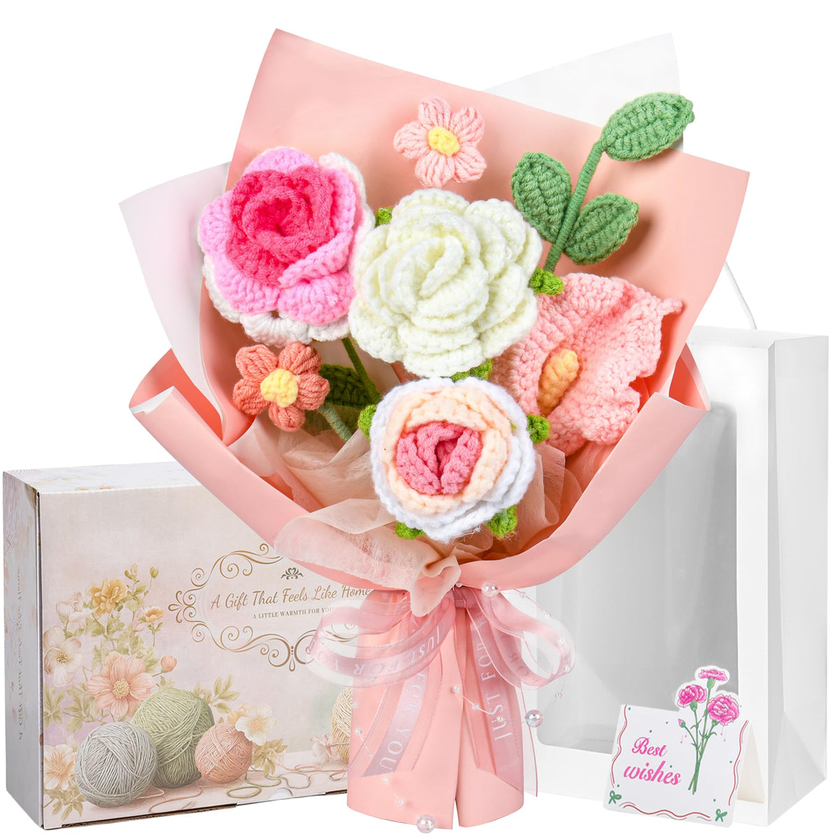 MengxFly front view of bouquet in pink box showing ready-to-gift presentation and charm