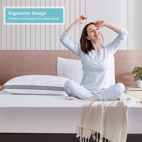 Meoflaw pillow beside ruler showing queen size scale for accurate fit