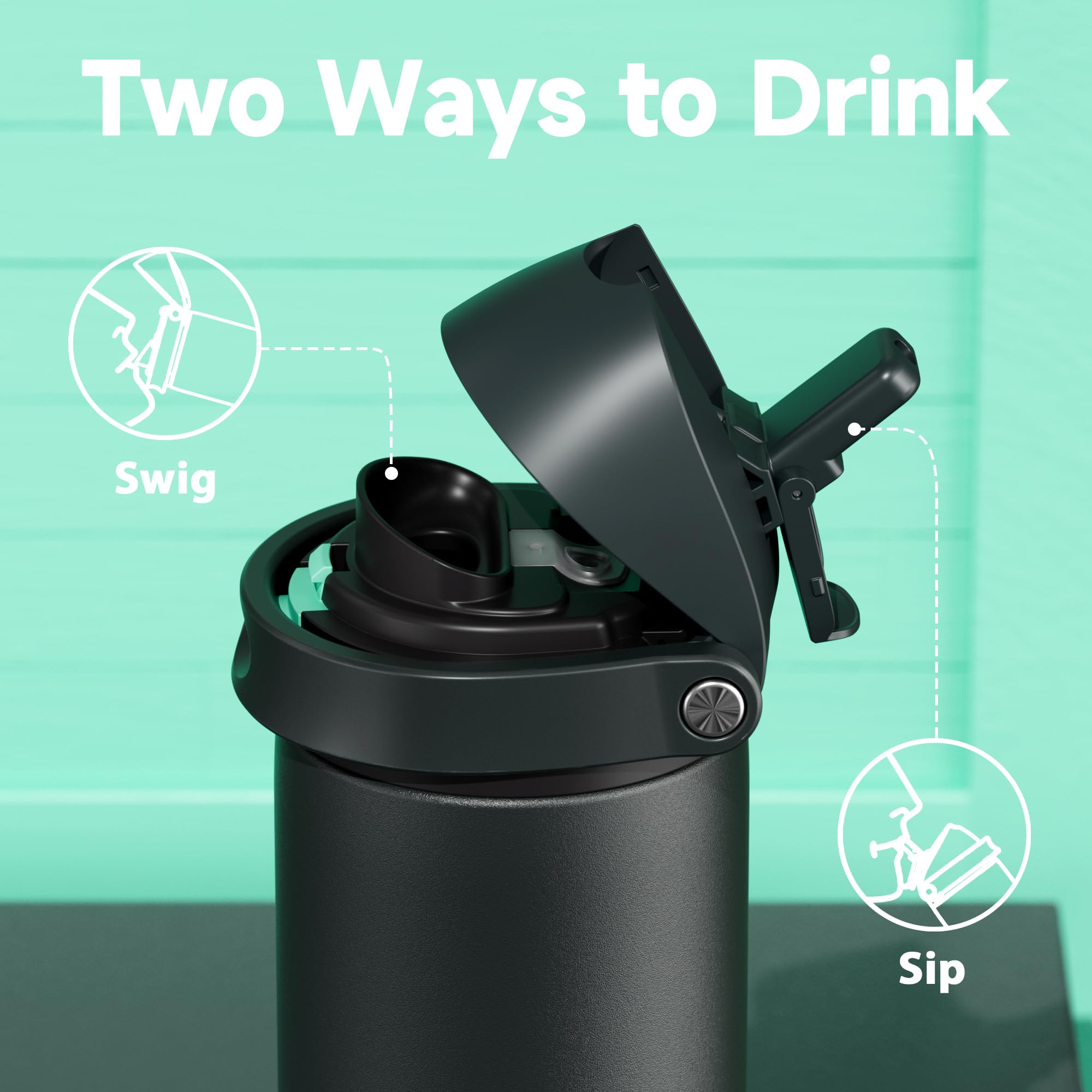 Meoky lid close-up displaying 2-in-1 straw and spout for easy drinking benefit