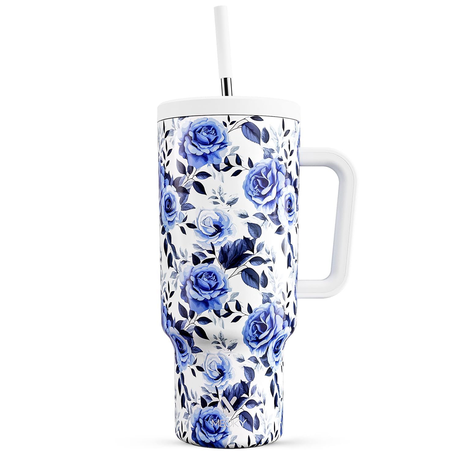 Meoky 40 oz tumbler front view showing Blue Rose finish and capacity benefit