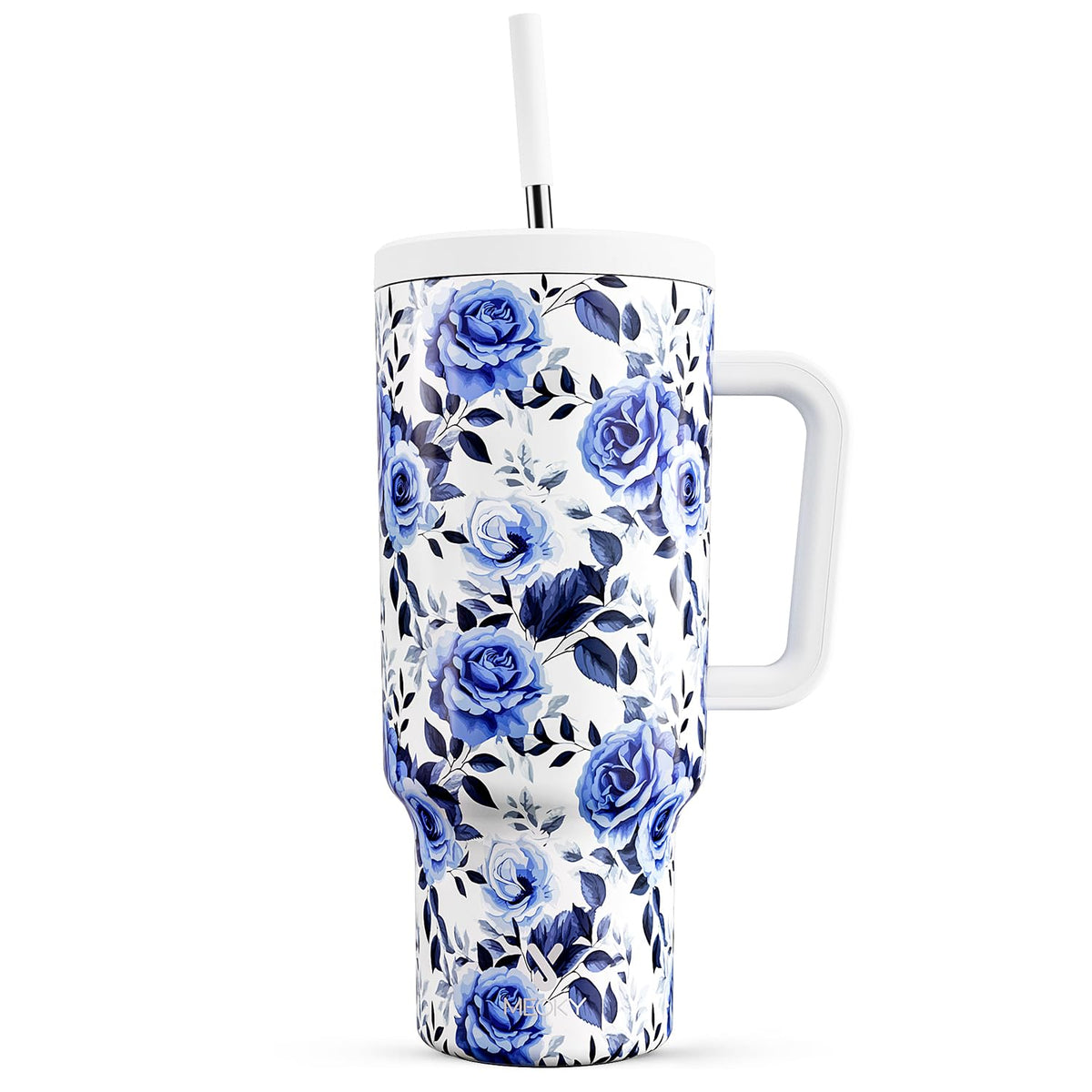 Meoky 40 oz tumbler front view showing Blue Rose finish and capacity benefit