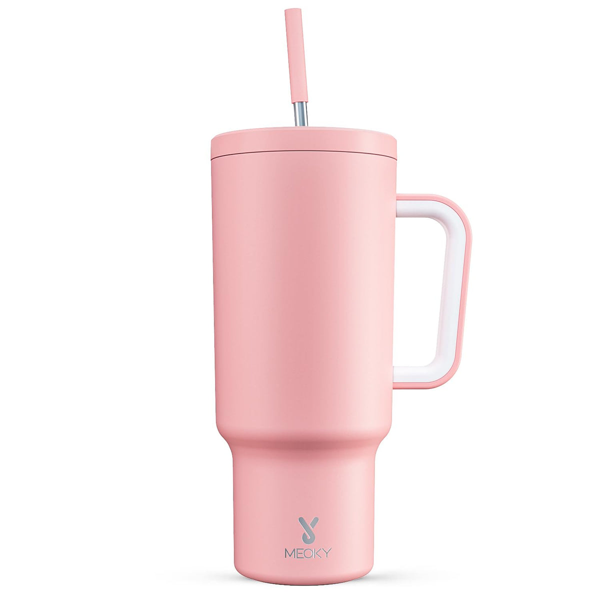 Meoky blush tumbler front view showing sleek finish and large capacity benefit