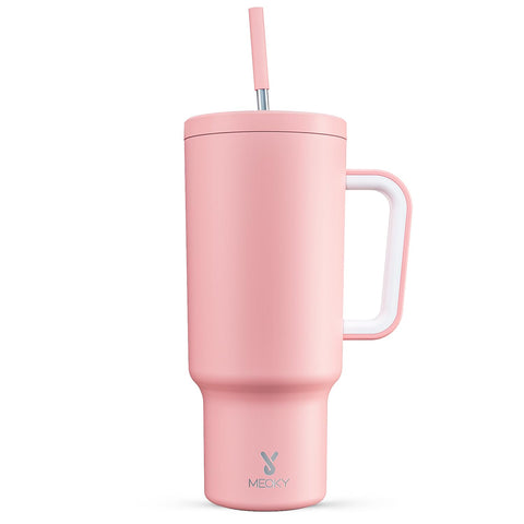 Meoky blush tumbler front view showing sleek finish and large capacity benefit