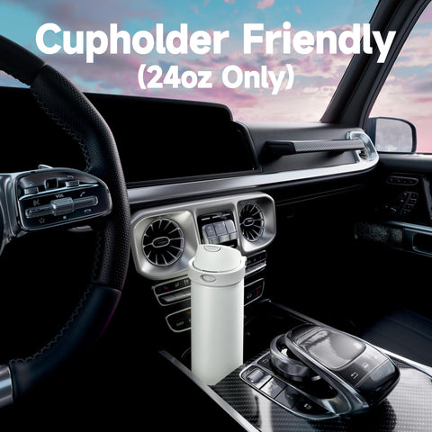 Meoky bottle sitting in car cup holder for secure hands-free travel benefit