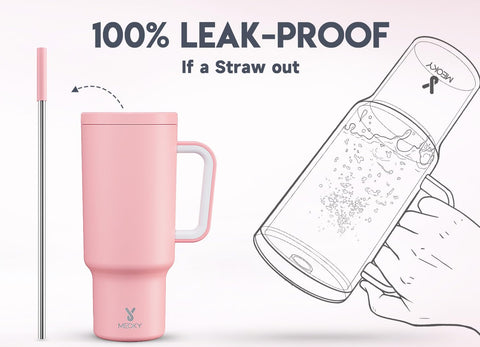 Meoky lid and silicone-tipped straw detail ensuring leak resistance and taste comfort